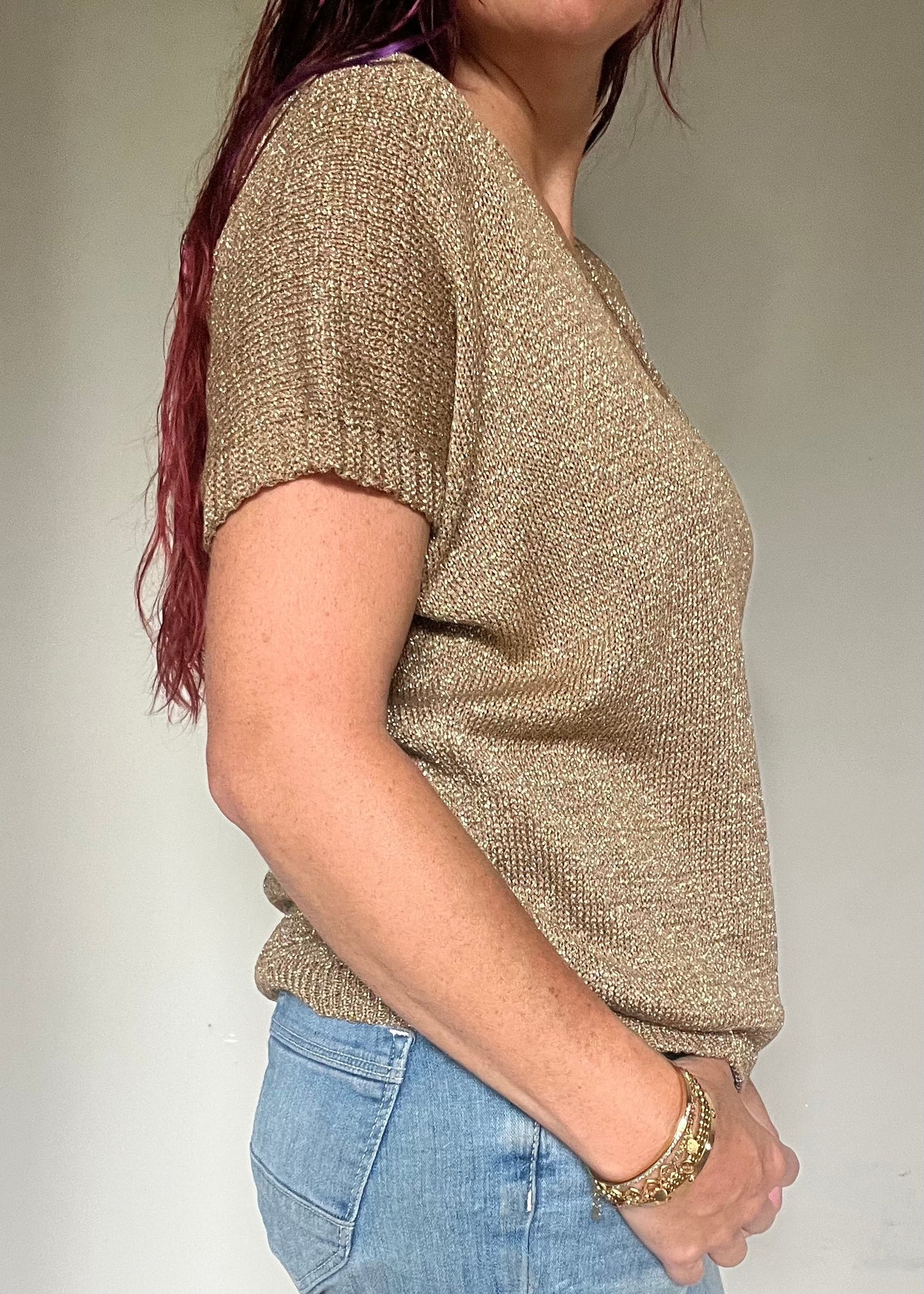 Glittertrui met V-hals, lurex trui met korte mouw in najaarskleuren, chic en comfortabel