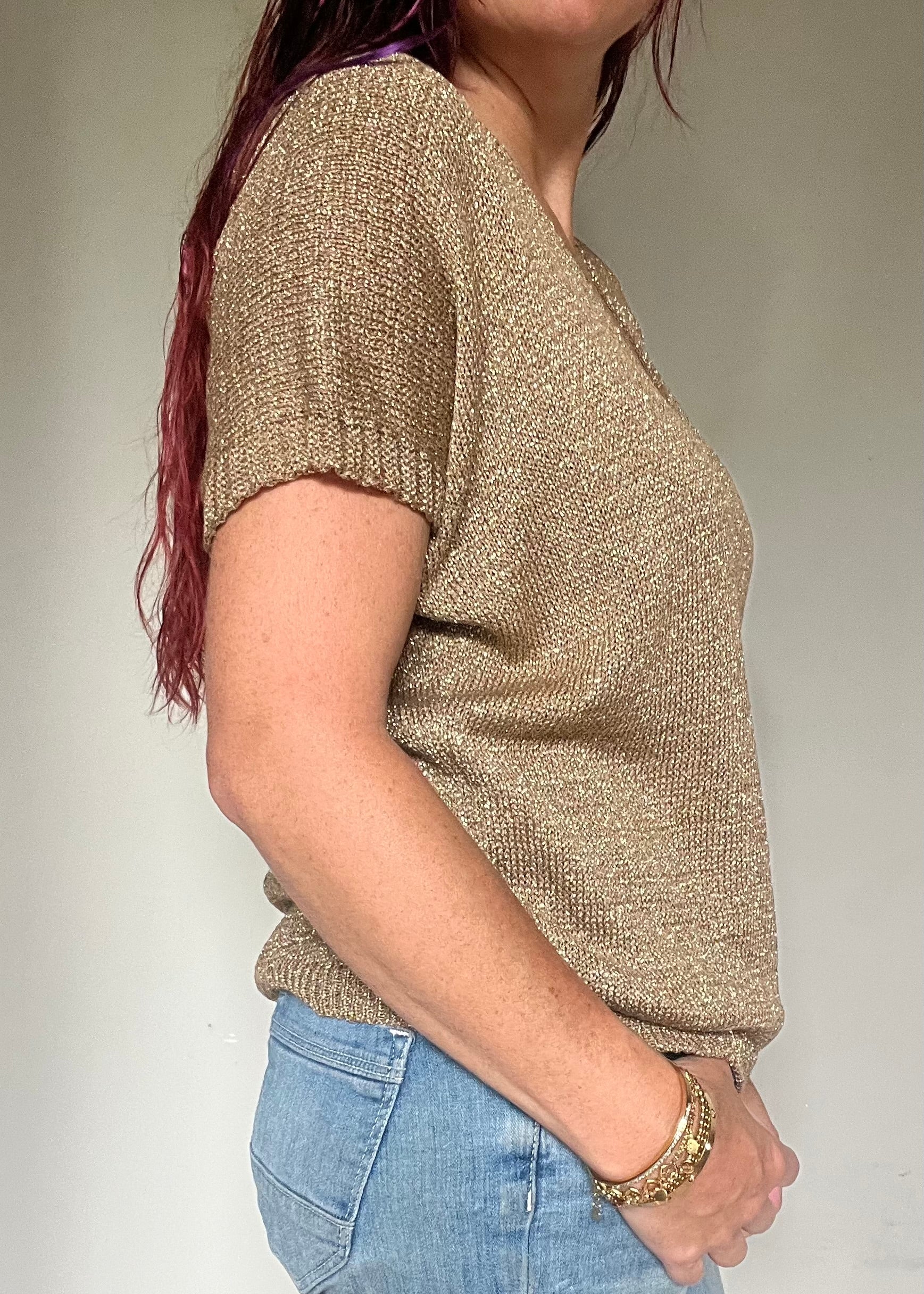 Glittertrui met V-hals, lurex trui met korte mouw in najaarskleuren, chic en comfortabel