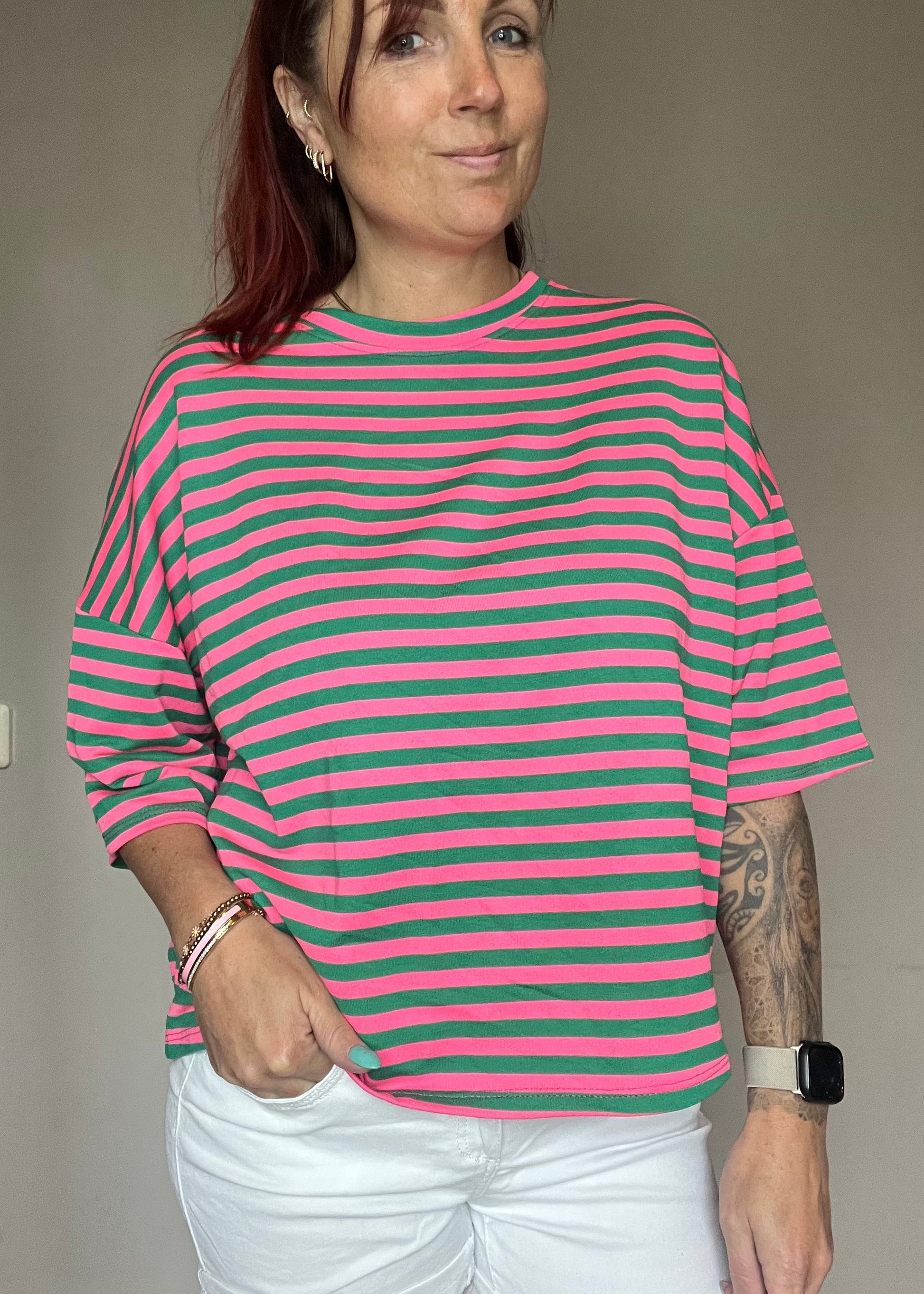 Gestreept oversized dames shirt met driekwart mouwen in 8 verschillende kleurcombinatie's van Piek Fashion