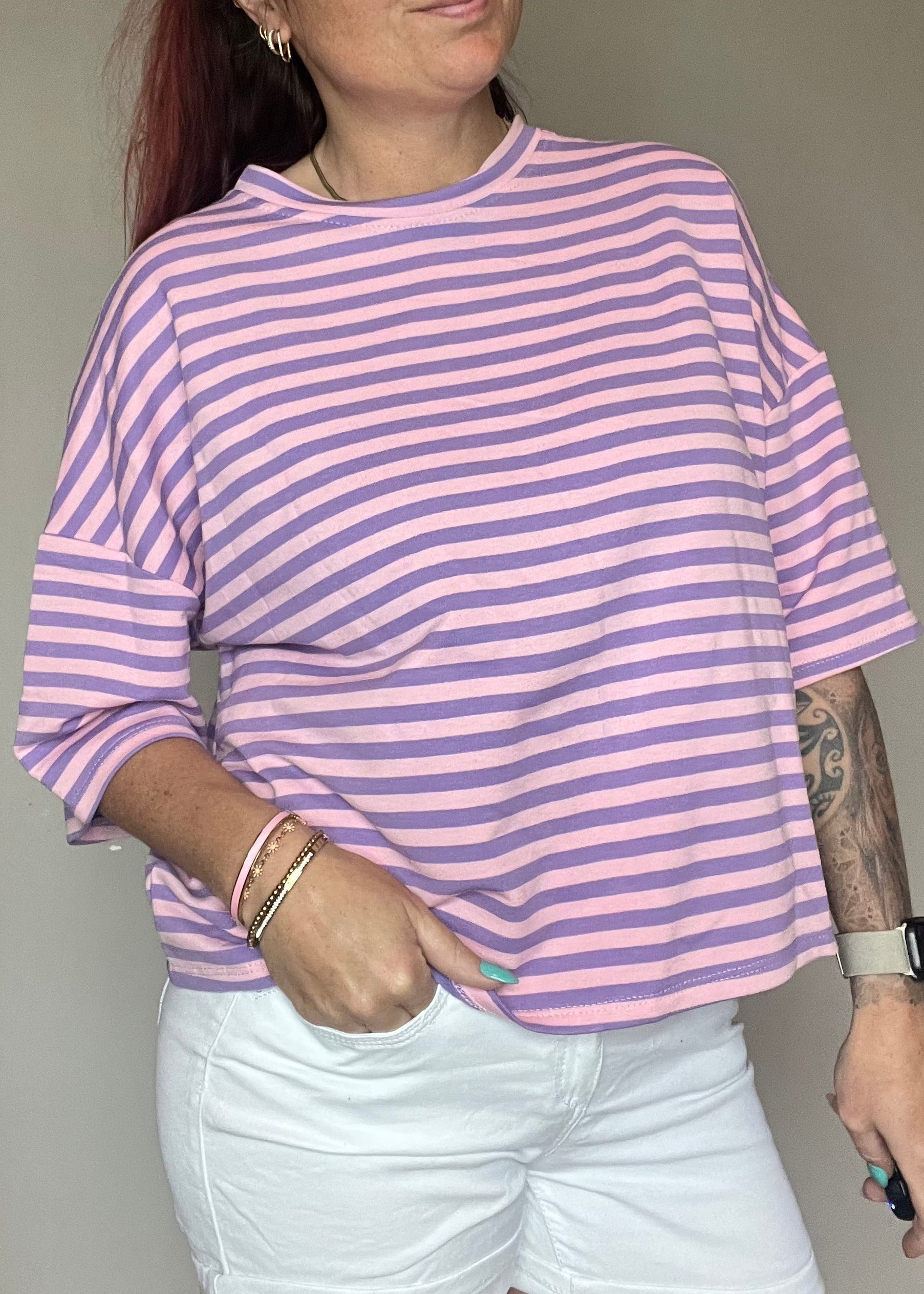 Gestreept oversized dames shirt met driekwart mouwen in 8 verschillende kleurcombinatie's van Piek Fashion