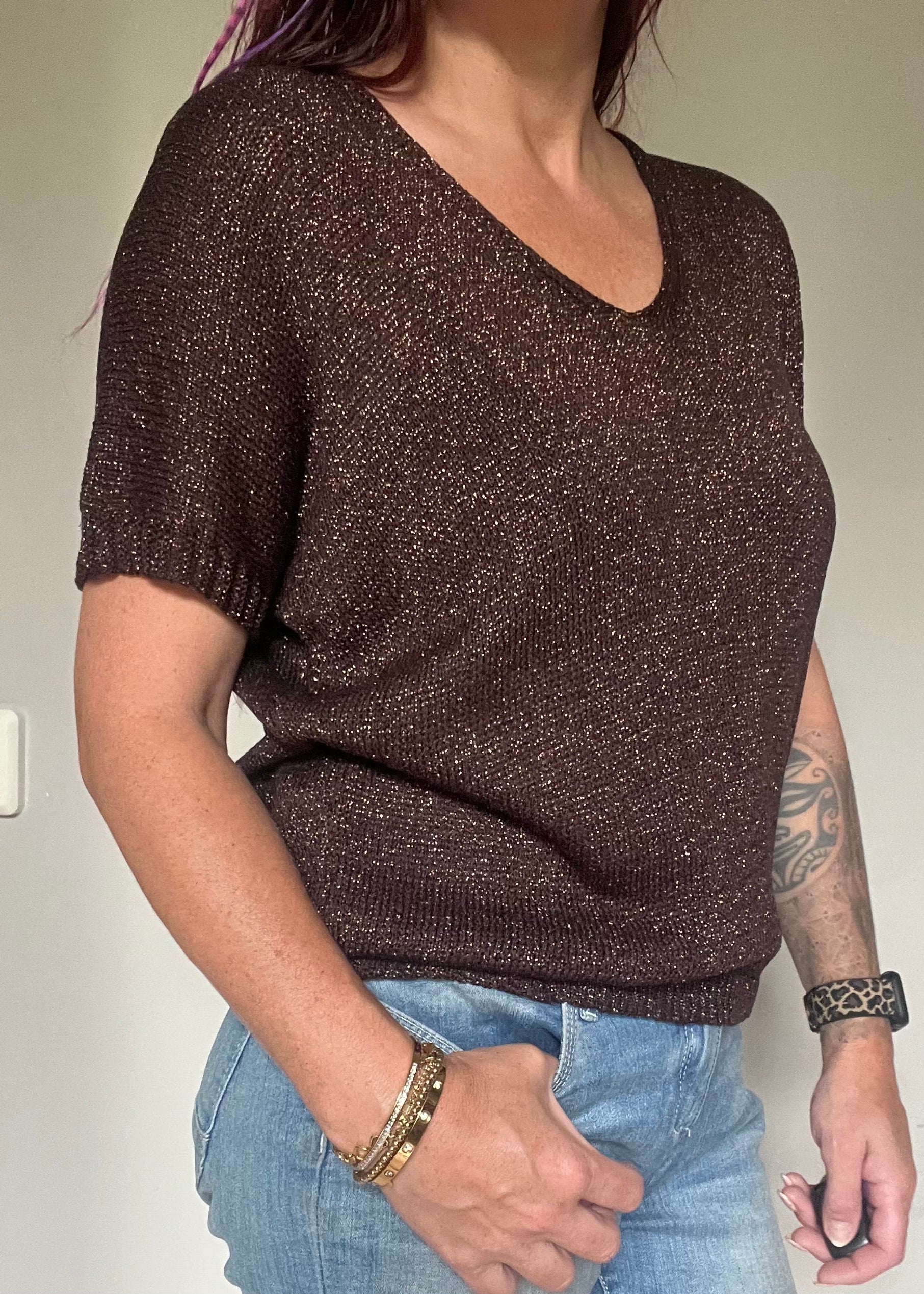 Glittertrui met V-hals, lurex trui met korte mouw in najaarskleuren, chic en comfortabel