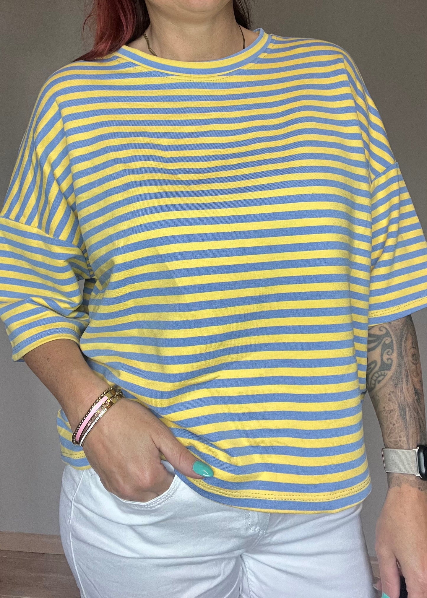 Gestreept oversized dames shirt met driekwart mouwen in 8 verschillende kleurcombinatie's van Piek Fashion