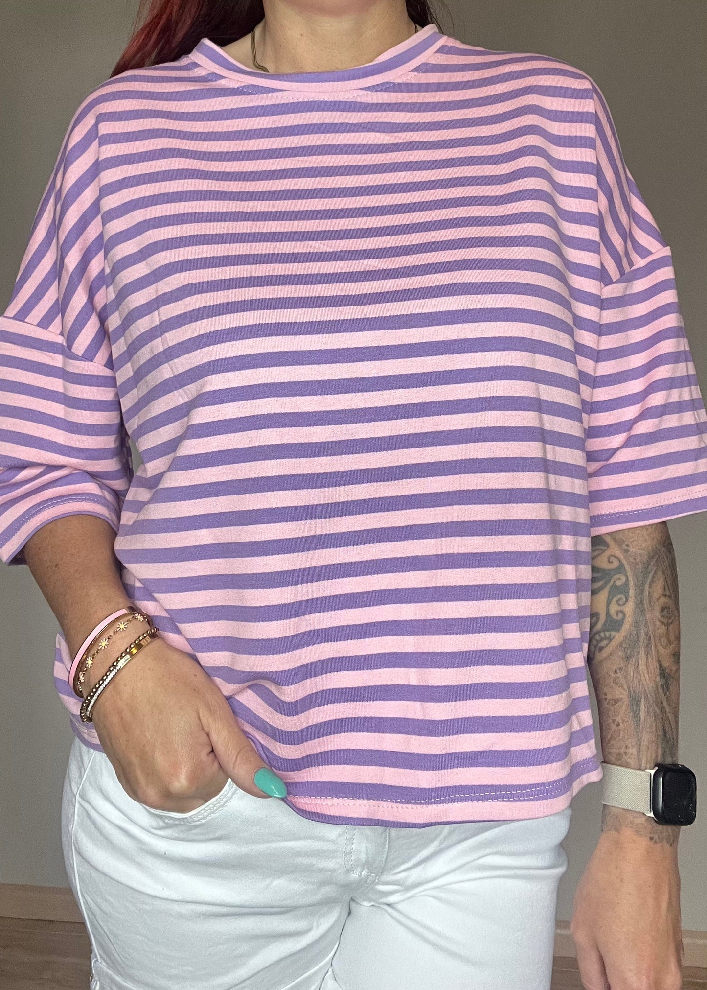 Gestreept oversized dames shirt met driekwart mouwen in 8 verschillende kleurcombinatie's van Piek Fashion