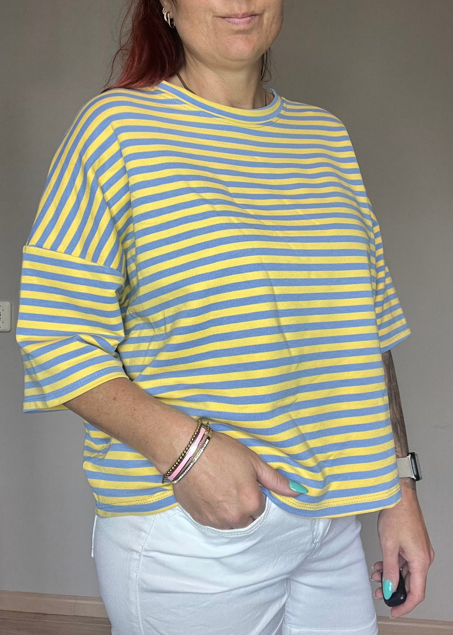 Gestreept oversized dames shirt met driekwart mouwen in 8 verschillende kleurcombinatie's van Piek Fashion