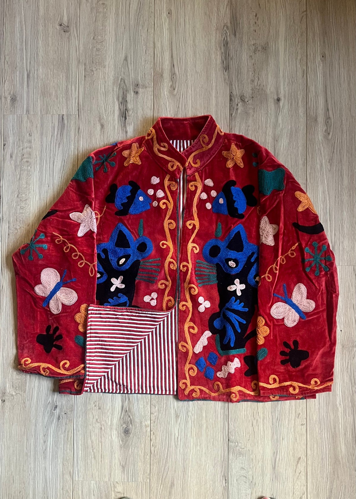 Handgemaakte velvet Suzani jacket uit India met kleurrijk borduurwerk in een mooie rode kleur met kattenprint