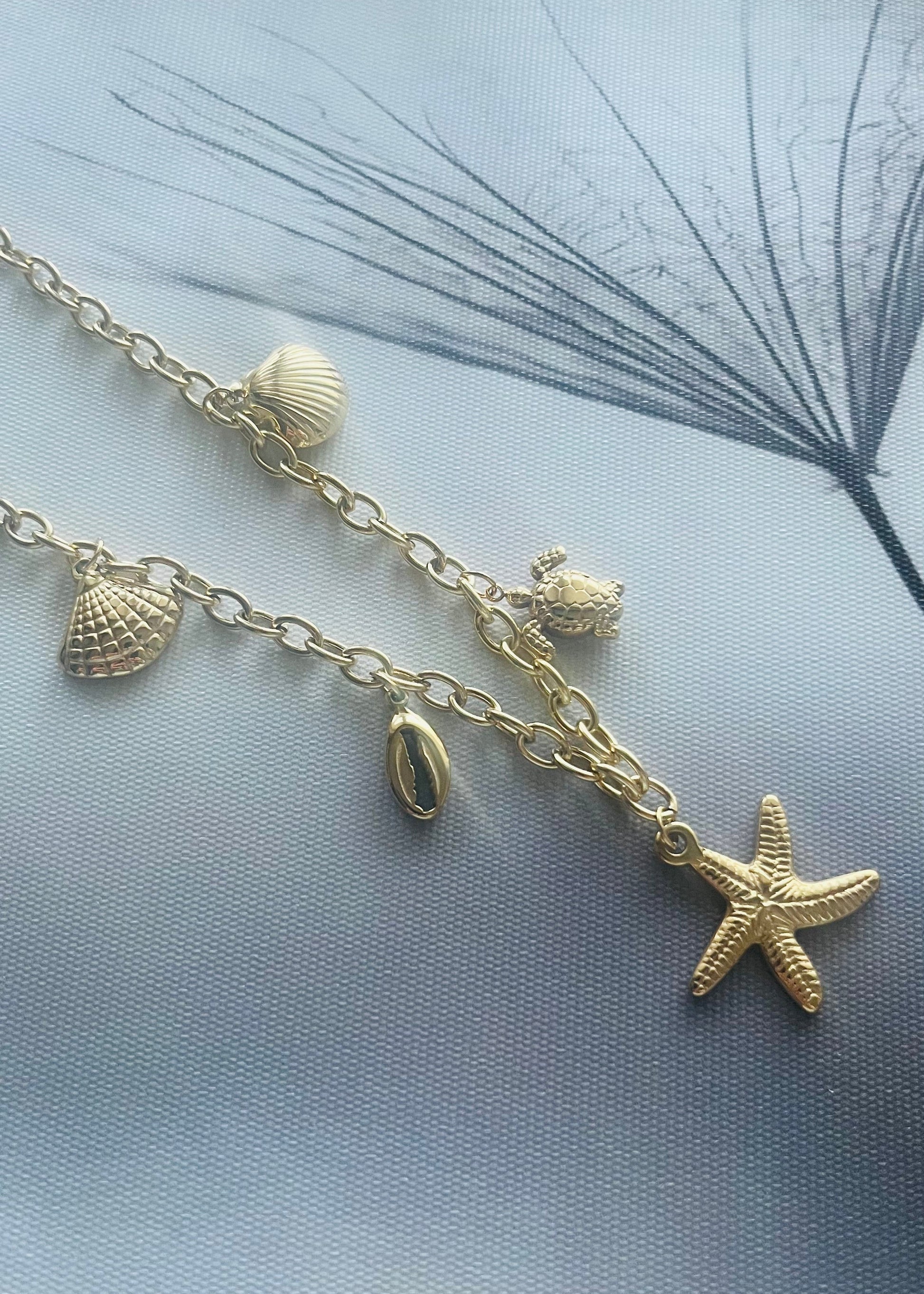 Stainless steel damesketting met beach bedels – schelpen, zeesterren, schildpadjes & meer. Verkleurt niet, waterproof, zomers & trendy.