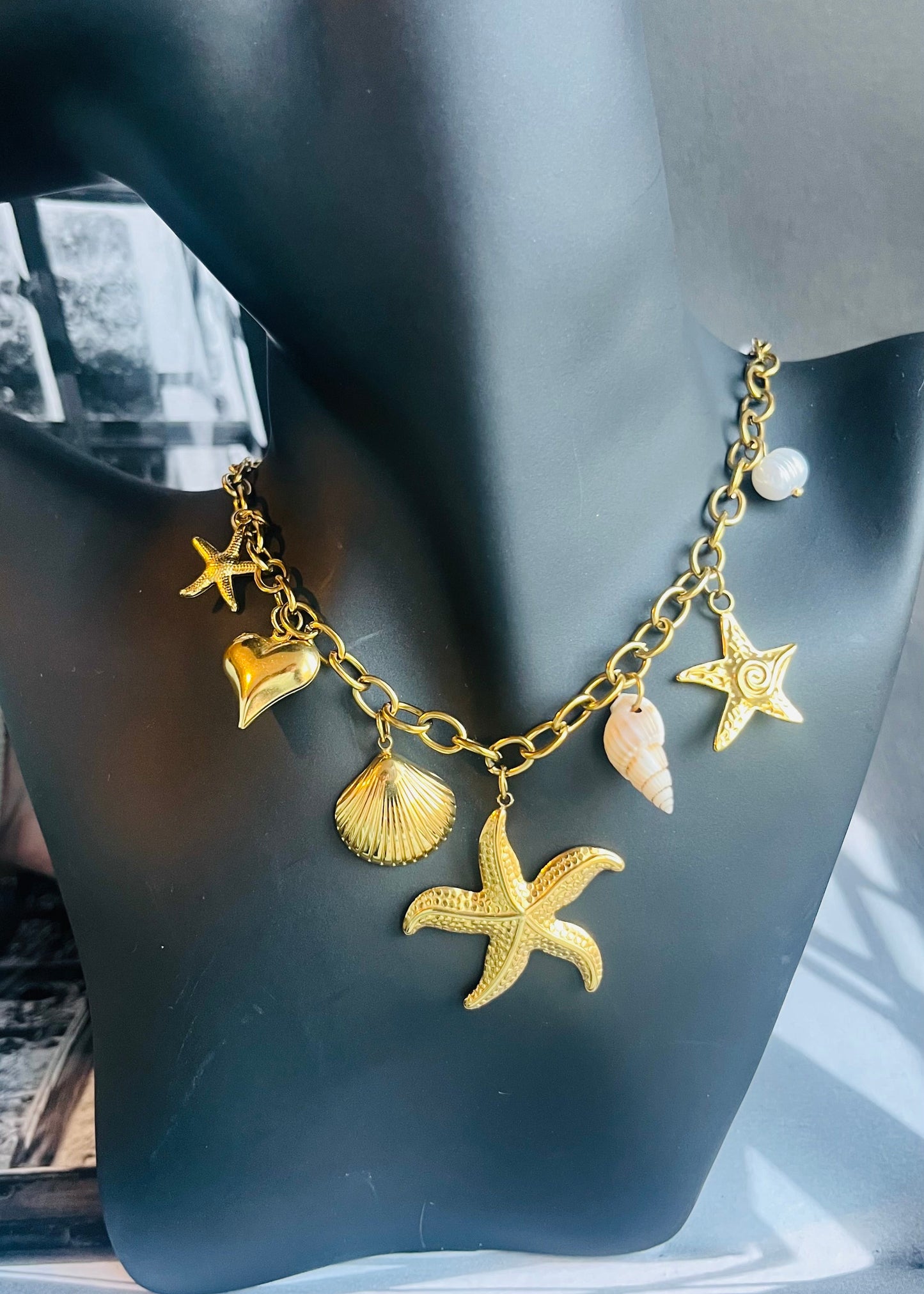 Stainless steel damesketting met beach bedels – schelpen, zeesterren, schildpadjes & meer. Verkleurt niet, waterproof, zomers & trendy.