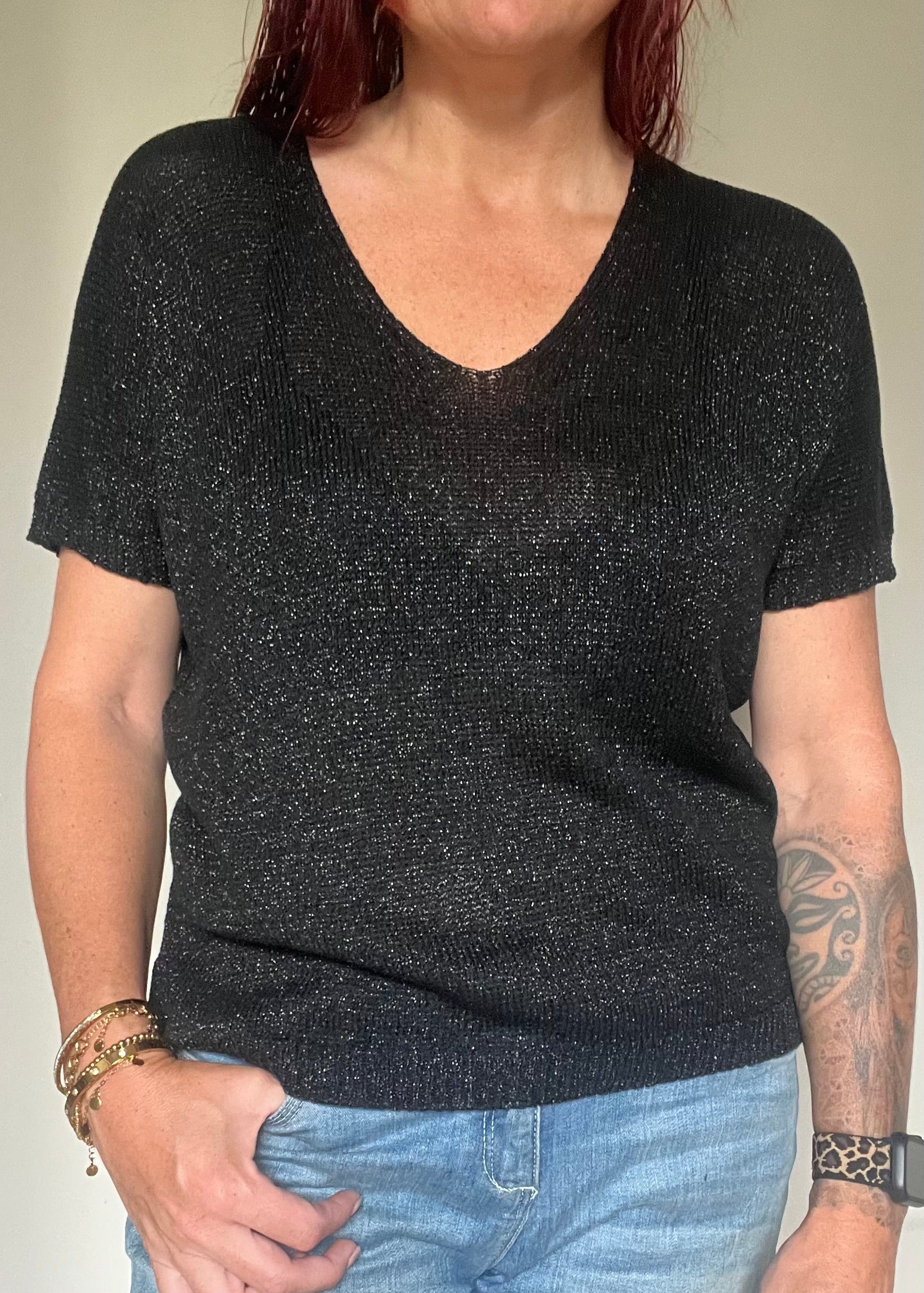 Glittertrui met V-hals, lurex trui met korte mouw in najaarskleuren, chic en comfortabel