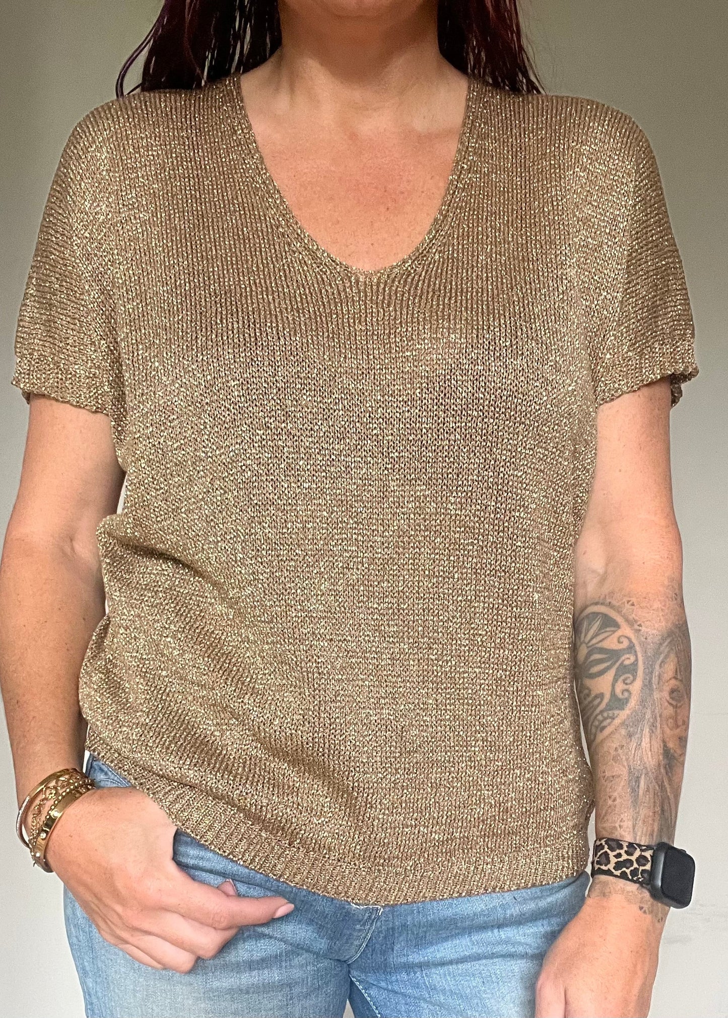 Glittertrui met V-hals, lurex trui met korte mouw in najaarskleuren, chic en comfortabel