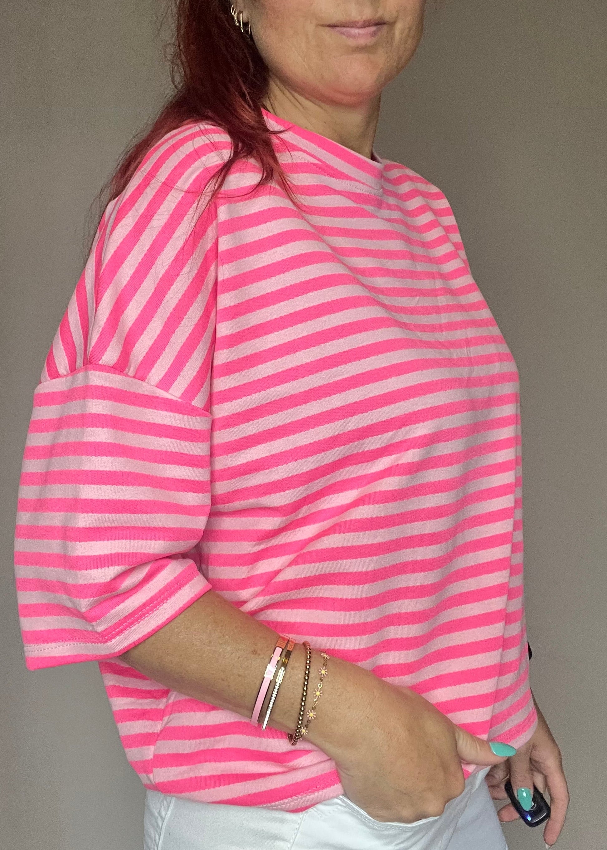 Gestreept oversized dames shirt met driekwart mouwen in 8 verschillende kleurcombinatie's van Piek Fashion