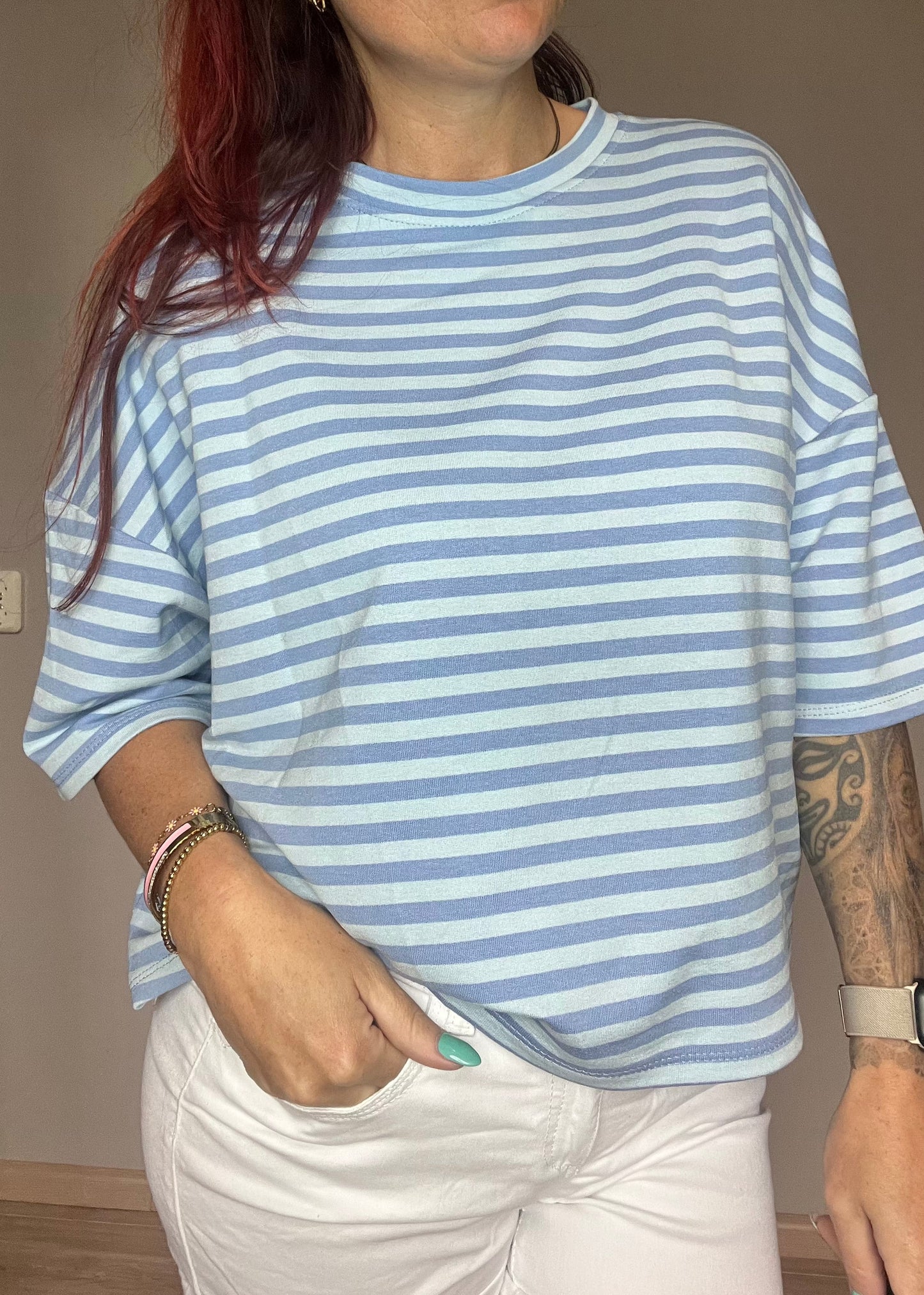 Gestreept oversized dames shirt met driekwart mouwen in 8 verschillende kleurcombinatie's van Piek Fashion