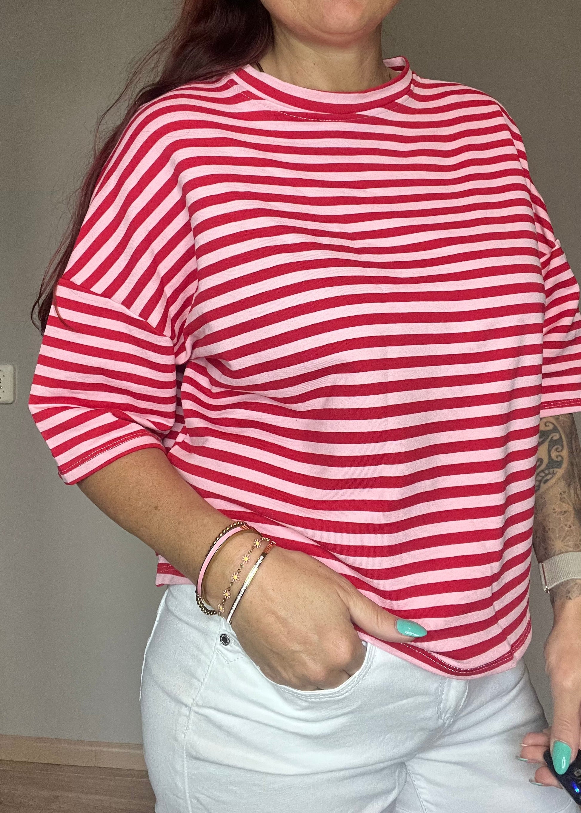 Gestreept oversized dames shirt met driekwart mouwen in 8 verschillende kleurcombinatie's van Piek Fashion