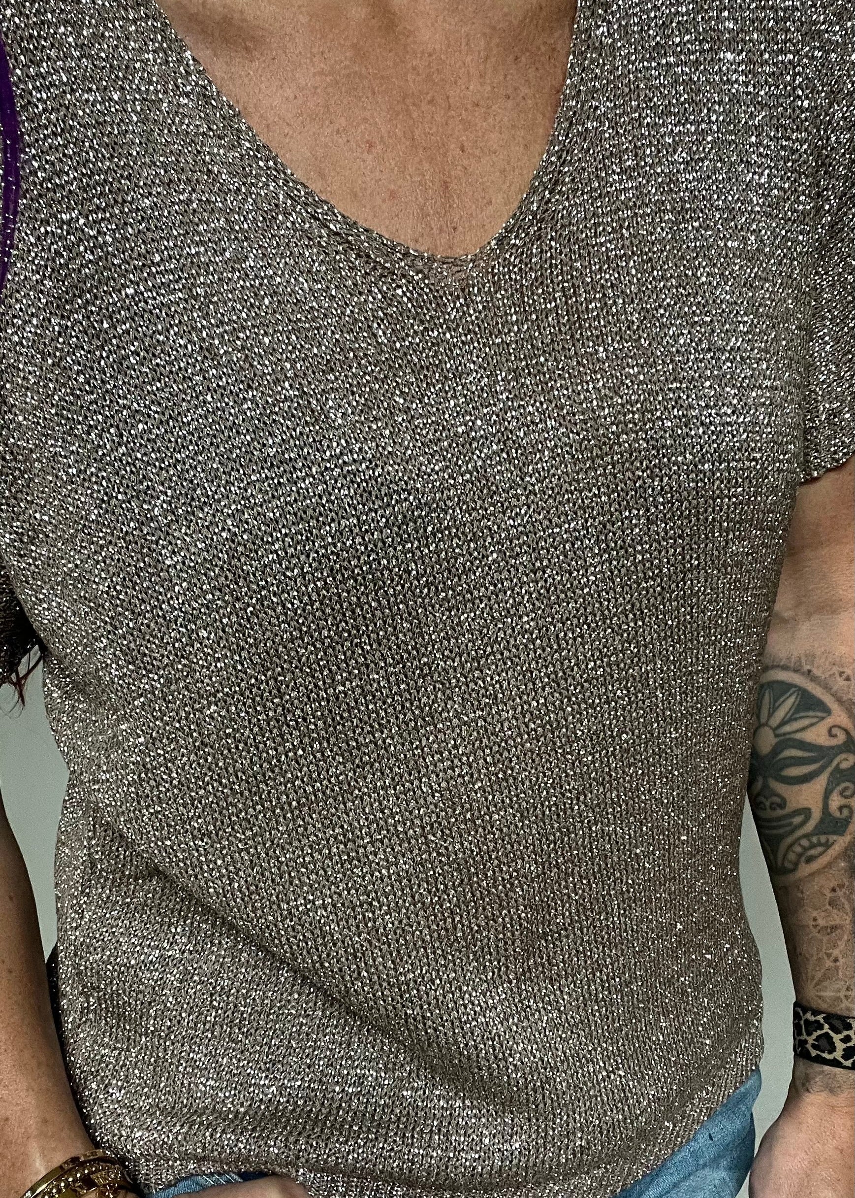 Glittertrui met V-hals, lurex trui met korte mouw in najaarskleuren, chic en comfortabel