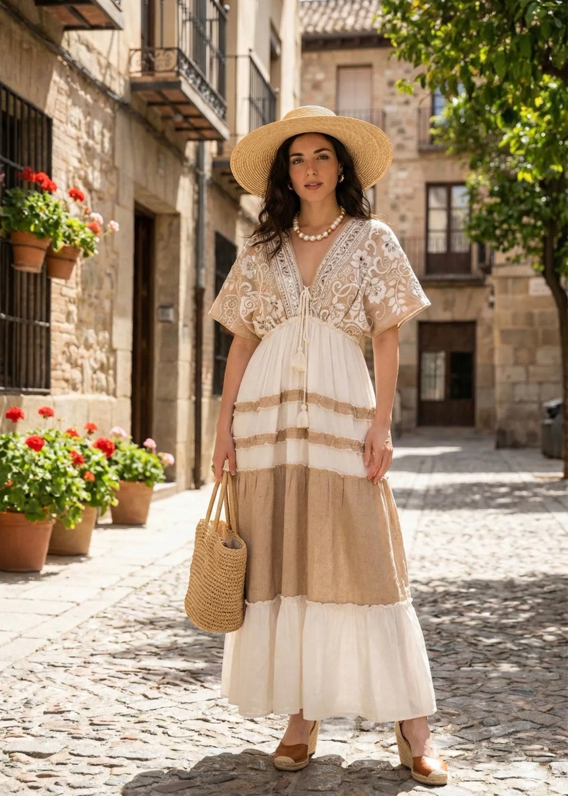 Bohemian maxi jurk van 100% katoen met borduursels, pailletten en onderjurkje voor dames | Piek Fashion