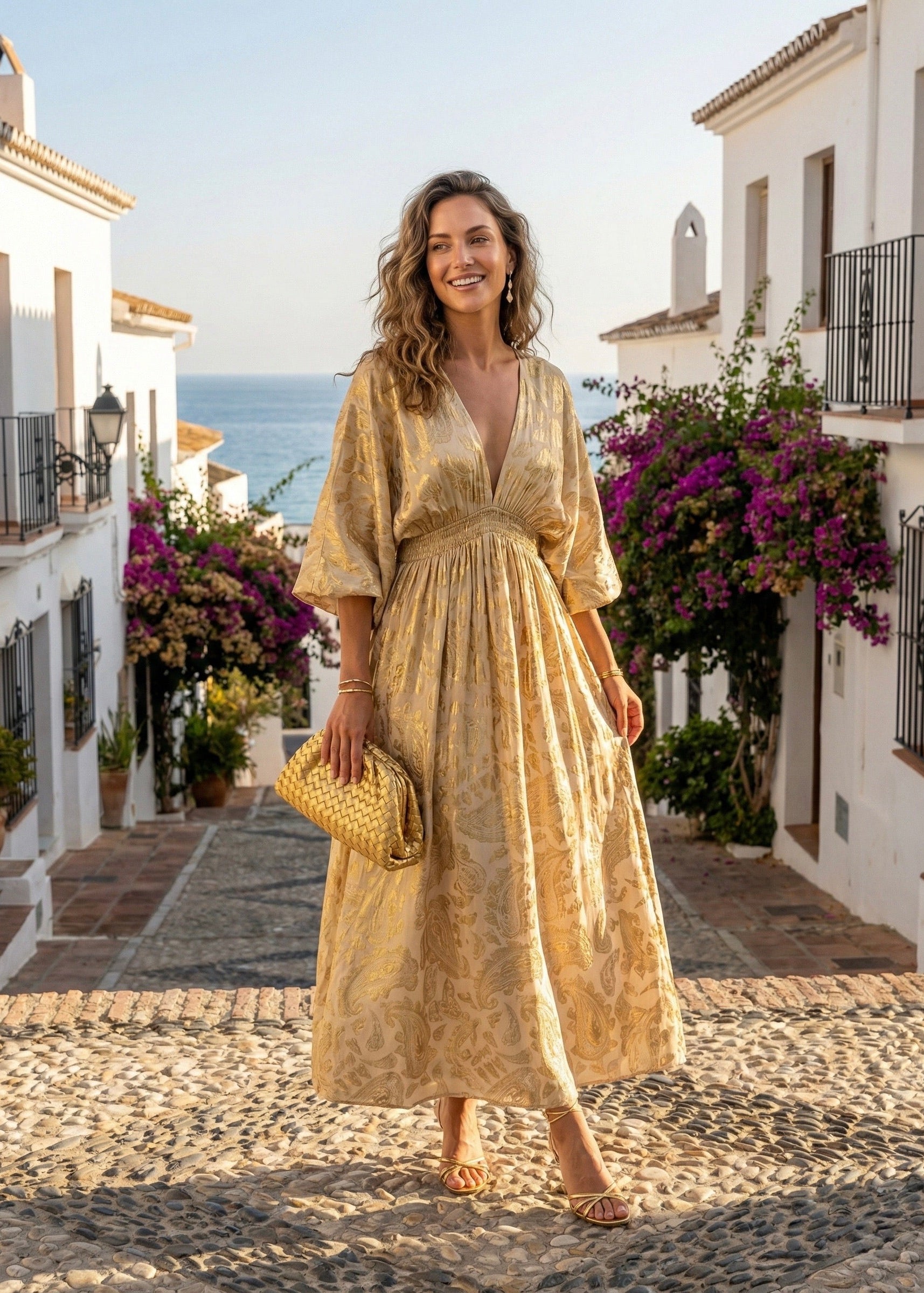 Lange dames jurk van cold silk met gouden print en wijde mouwen van Piek Fashion