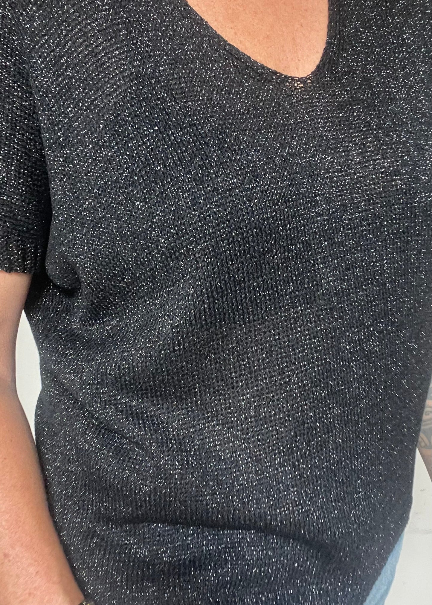 Glittertrui met V-hals, lurex trui met korte mouw in najaarskleuren, chic en comfortabel