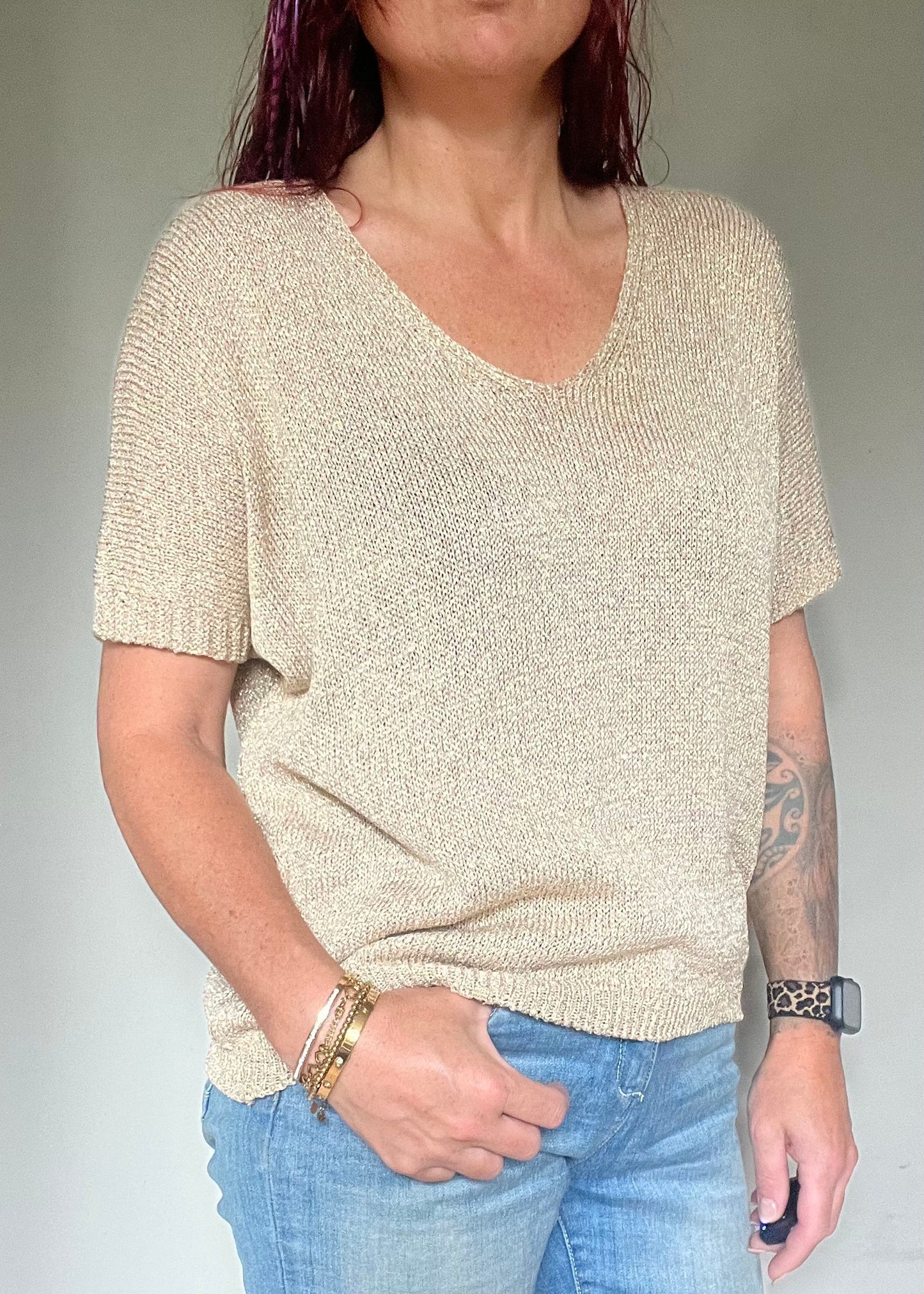 Glittertrui met V-hals, lurex trui met korte mouw in najaarskleuren, chic en comfortabel