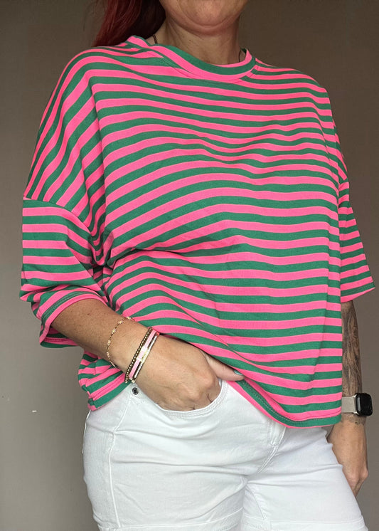 Gestreept oversized dames shirt met driekwart mouwen in 8 verschillende kleurcombinatie's van Piek Fashion