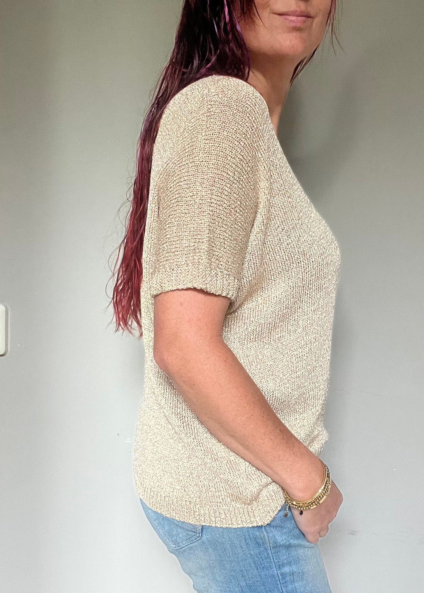 Glittertrui met V-hals, lurex trui met korte mouw in najaarskleuren, chic en comfortabel