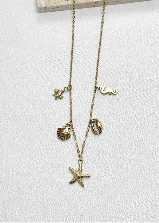 Stainless steel damesketting met beach bedels – schelpen, zeesterren, schildpadjes & meer. Verkleurt niet, waterproof, zomers & trendy.